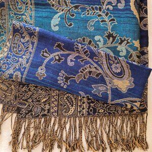 Bohemian Paisley Shawl Wrap Woven Jacquard Fringed Scarf Ombre Blue Black